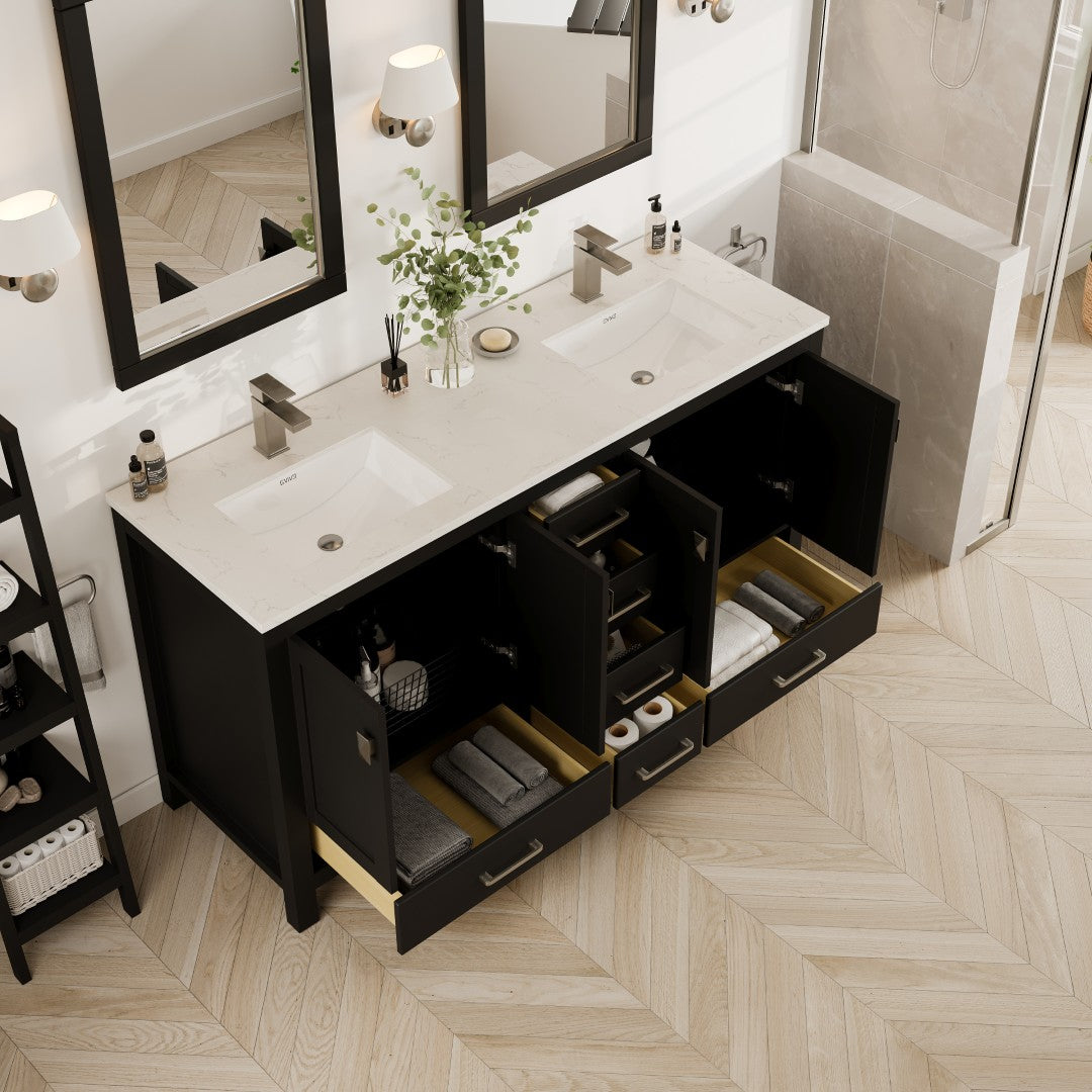 Eviva London Bath Vanity with Carrara Quartz Top and Undermount Porcelain Sink (20"-60")