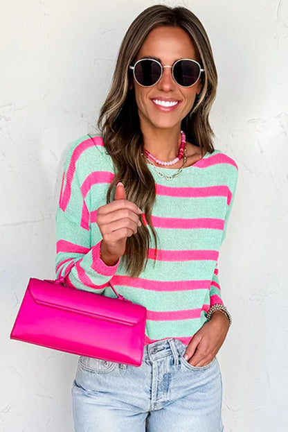 Green Striped Round Neck Colorblock Knit Sweater