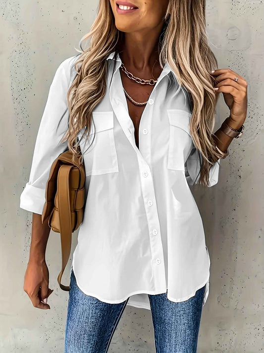 Simple Casual Long Sleeve Blouse with Pocket Women's Blouse