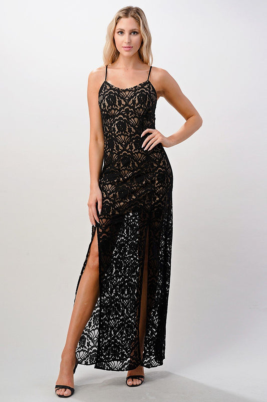 Elegant Black Lace Maxi Dress with Side Slit | Apparel | Kitchen + Metal