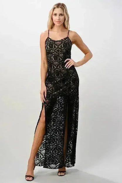 Elegant Black Lace Maxi Dress with Side Slit