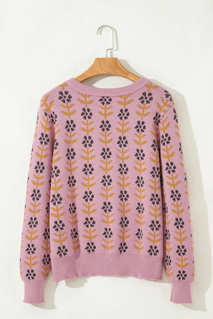 Pink Floral Button Down Ribbed Trim Knit Cardigan