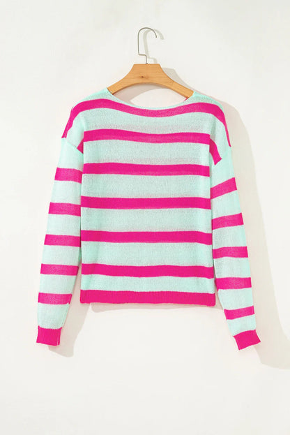 Green Striped Round Neck Colorblock Knit Sweater