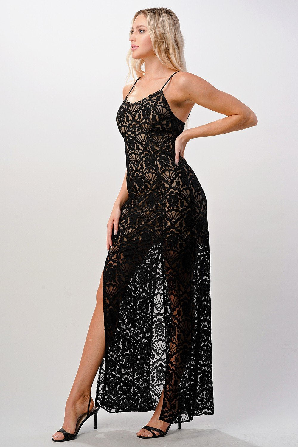 Elegant Black Lace Maxi Dress with Side Slit | Apparel | Kitchen + Metal