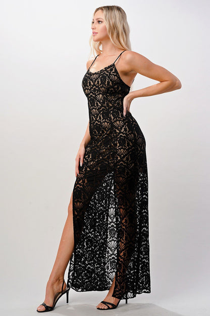 Elegant Black Lace Maxi Dress with Side Slit | Apparel | Kitchen + Metal