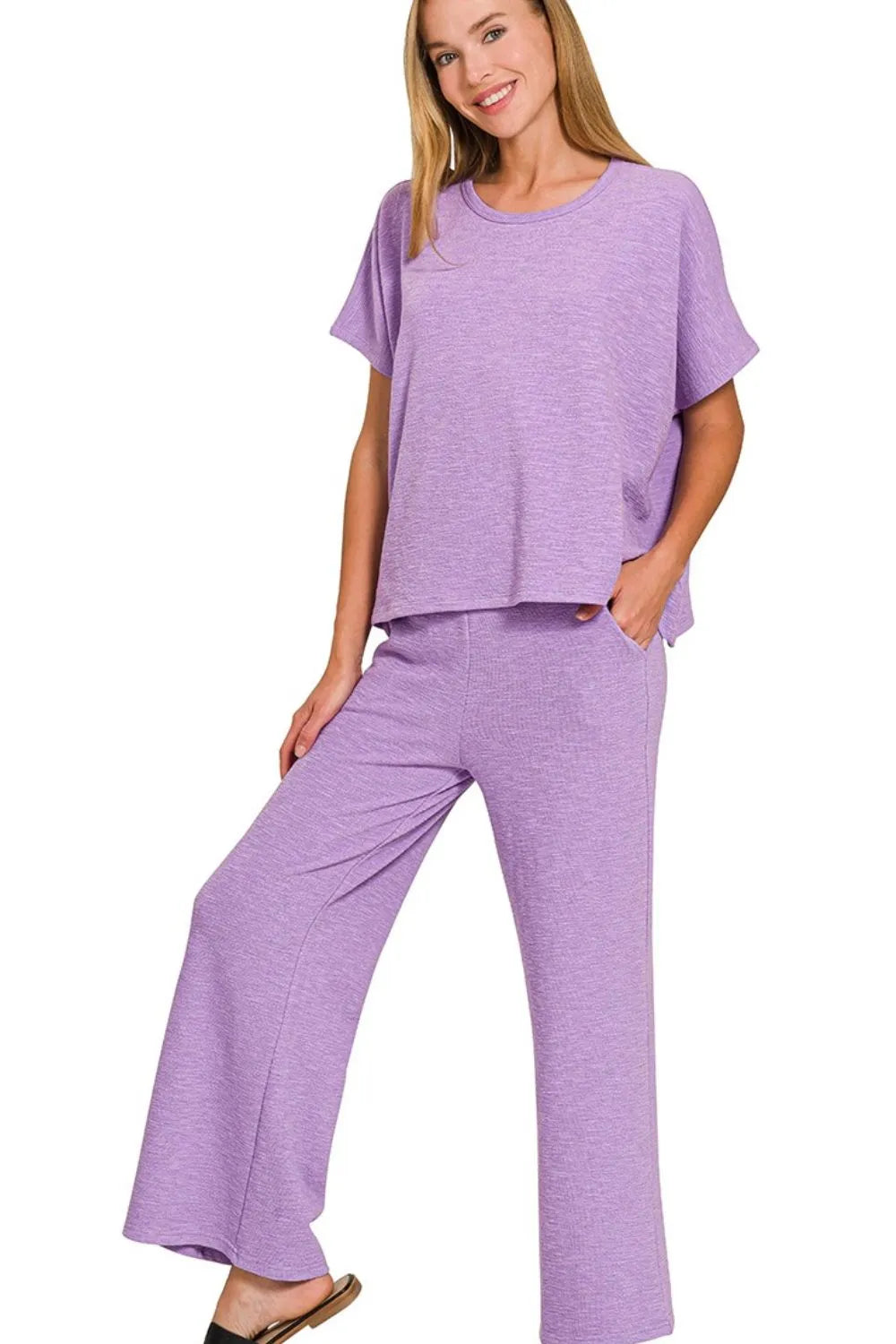 Zenana Cotton Slub Top & Pants Set in Lavender