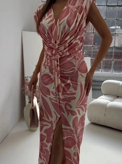 Full Size Slit Printed V-Neck Midi Dress Plus Size