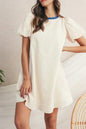 Beige Striped Print Puff Sleeve Textured Mini Dress
