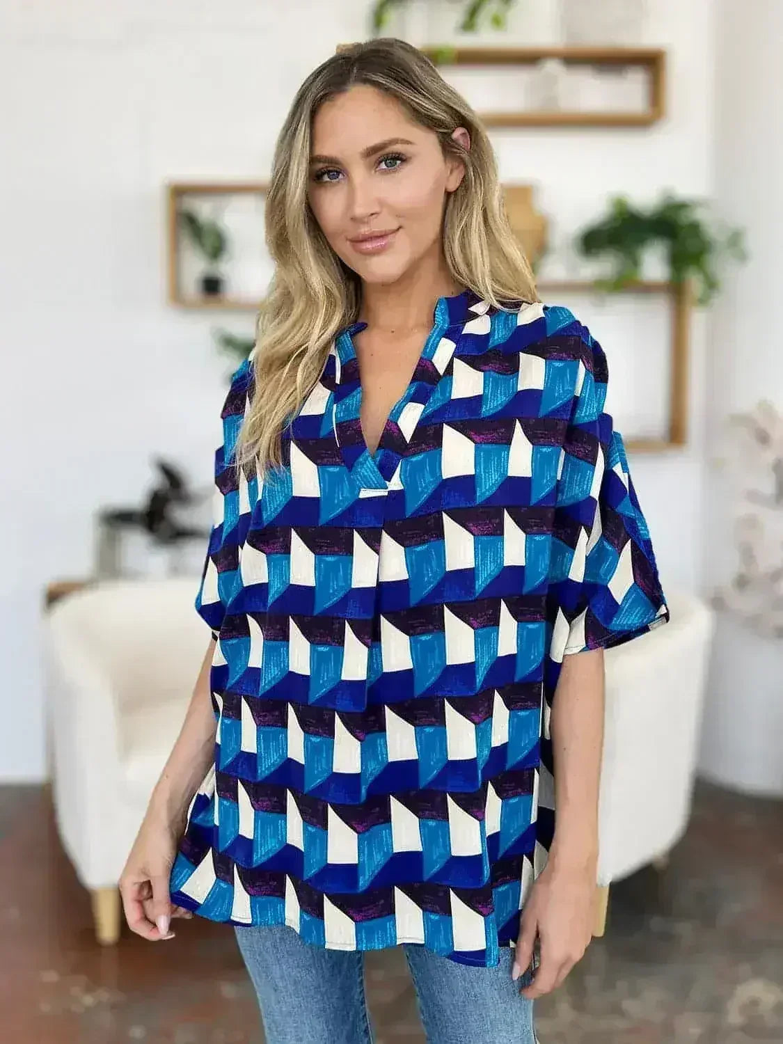 Geometric Notched Sleeve Blouse - Versatile Top | Femstylo