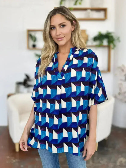 Geometric Notched Sleeve Blouse - Versatile Top | Femstylo