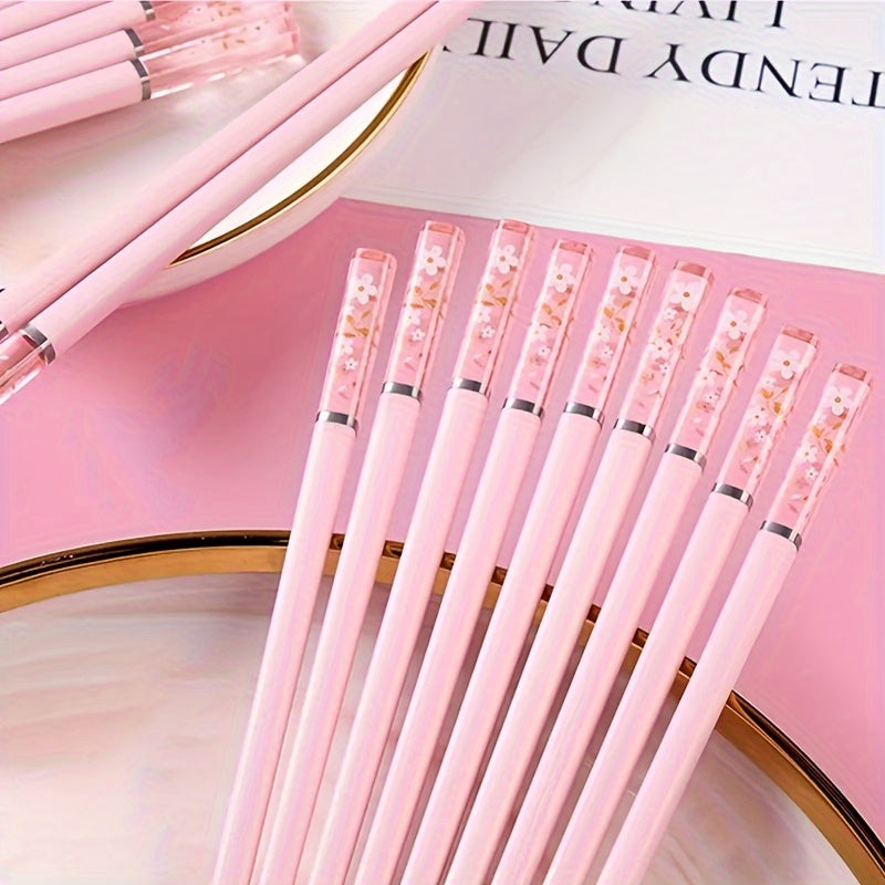 Elegant Pink Cherry Blossom Reusable Chopsticks  Set of 5