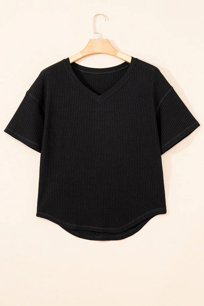 White Waffle Texture V Neck Drop Shoulder Loose Tee