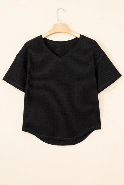 White Waffle Texture V Neck Drop Shoulder Loose Tee
