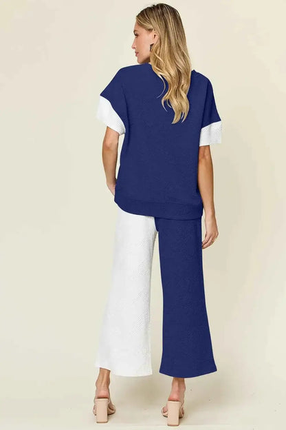 Plus Size Contrast T-Shirt and Wide Leg Pants Set
