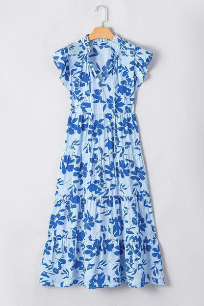 Rose Floral Print Tiered Flutter Sleeve Maxi Dress