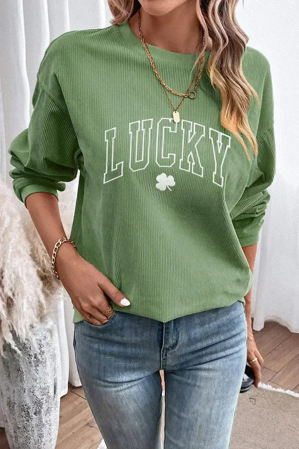 Grass Green LUCKY Clover Drop Shoulder Ribbed St Patrick Sweatshirt