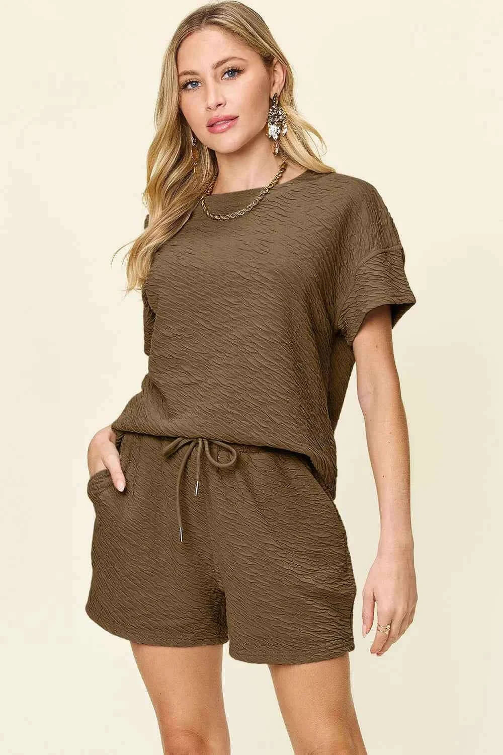 Texture Short Sleeve T Shirt and Shorts Set