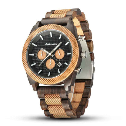 Men's Wood Chronograph Watch - Six Hand Calendar Sports Casual Timepiece