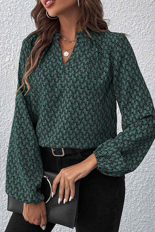 Green Geometric Print Blouse with Notched Neck and Long Sleeves