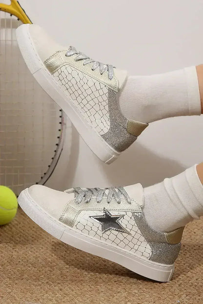 Gold Glitter Star Patchwork PU Leather Lace-up Sneakers