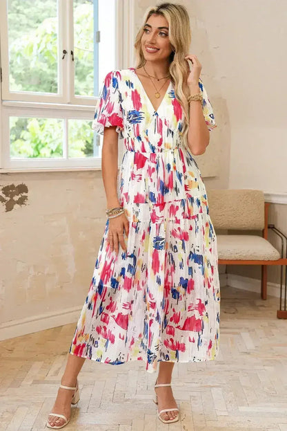Sky Blue Abstract Print Short Puff Sleeve Tiered Maxi Dress