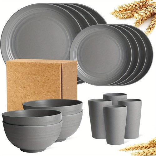 A 16-piece black dinnerware set including plates, bowls, and cups, made from wheat straw, displayed with packaging.