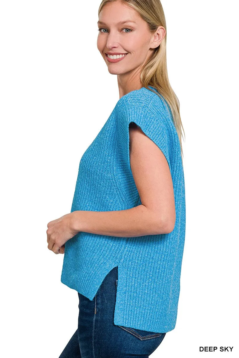 Zenana Oversized Sweater Vest with Side Slit in Sky