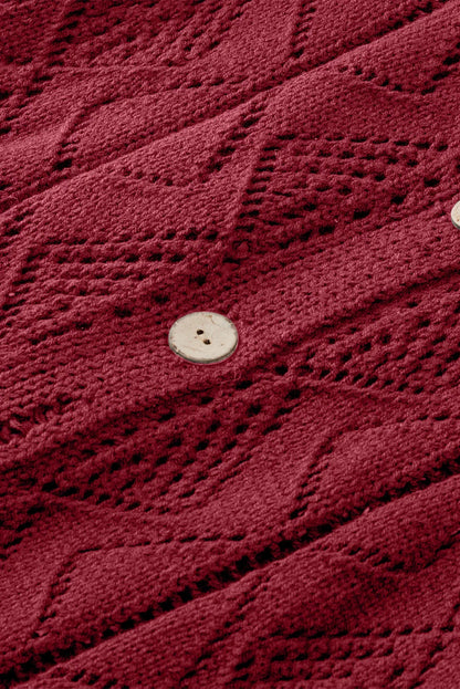 Red Button Up Hollow Out Loose Long Cardigan