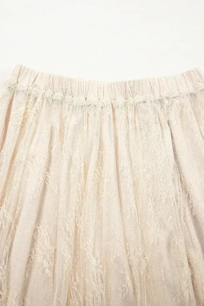 Beige Lace Cascading Tiered High Waist Maxi Skirt