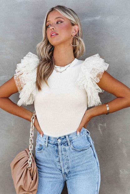 Pink Ruffle Knit Blouse - Casual Dotty Layered Ruffle Ribbed Knit Women's Top