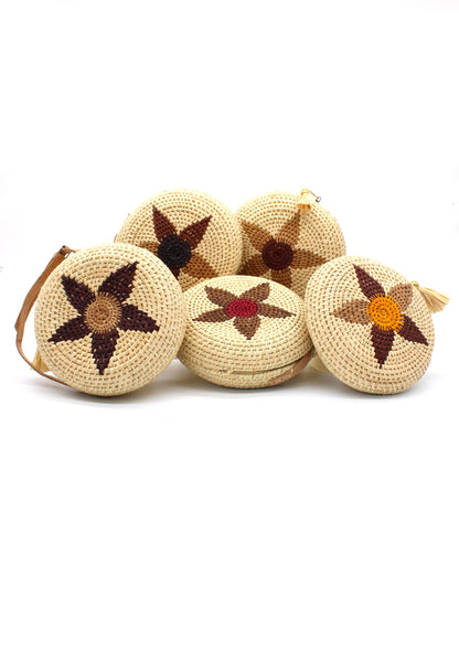 Carmel Crochet Round Flower Straw Crossbody Bag with Tassel