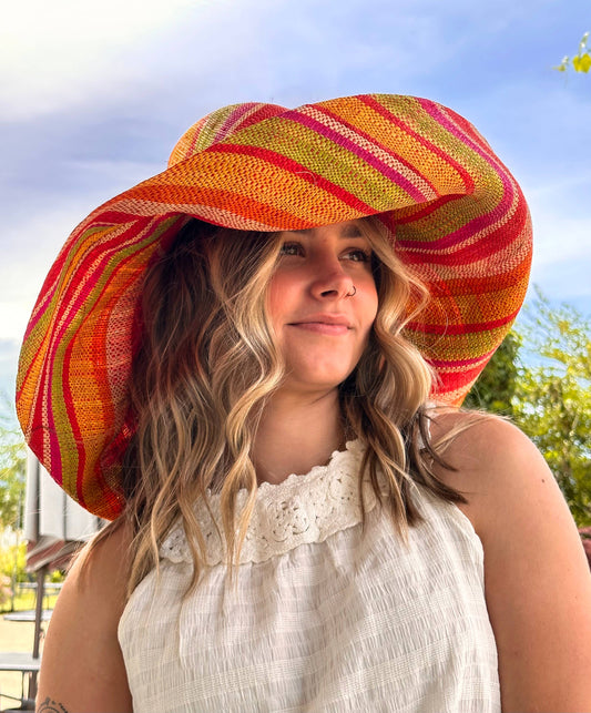Monica 5" & 7" Wide Brim Stripe Packable Straw Sun Hats