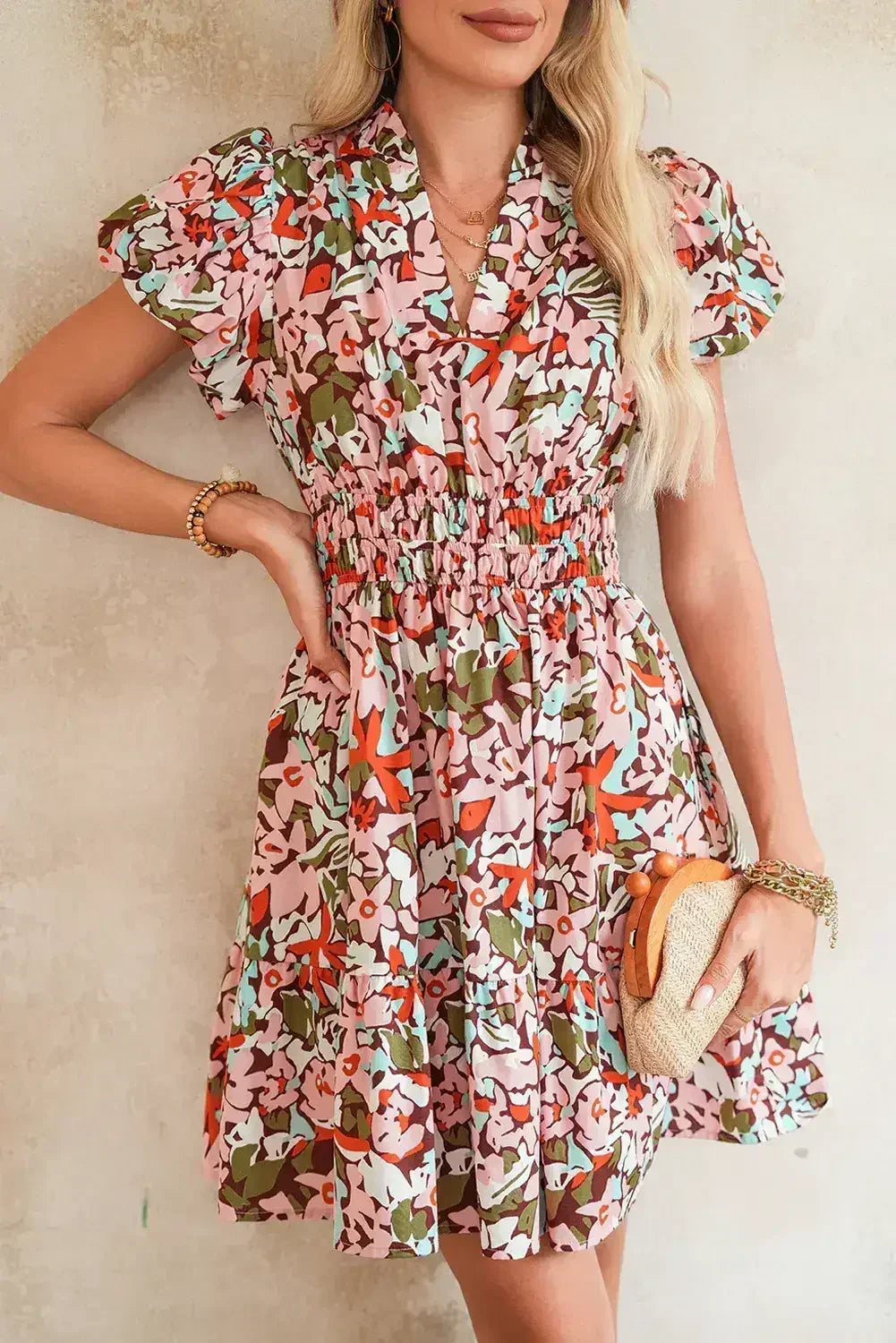 Pink Floral Print Puff Sleeve Shirred High Waist Mini Dress