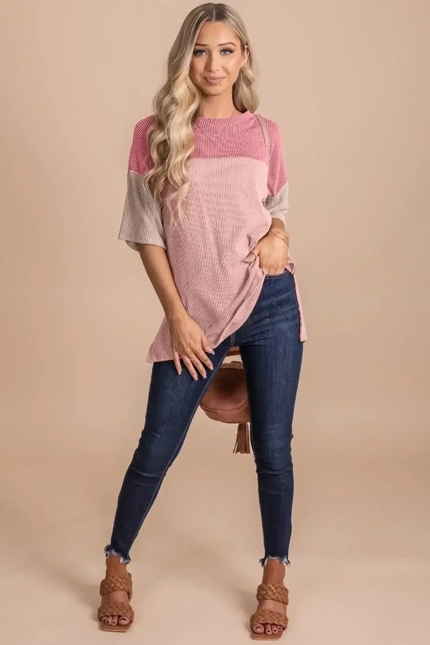 Black Color Block Ribbed Side Slits Half Sleeve Top