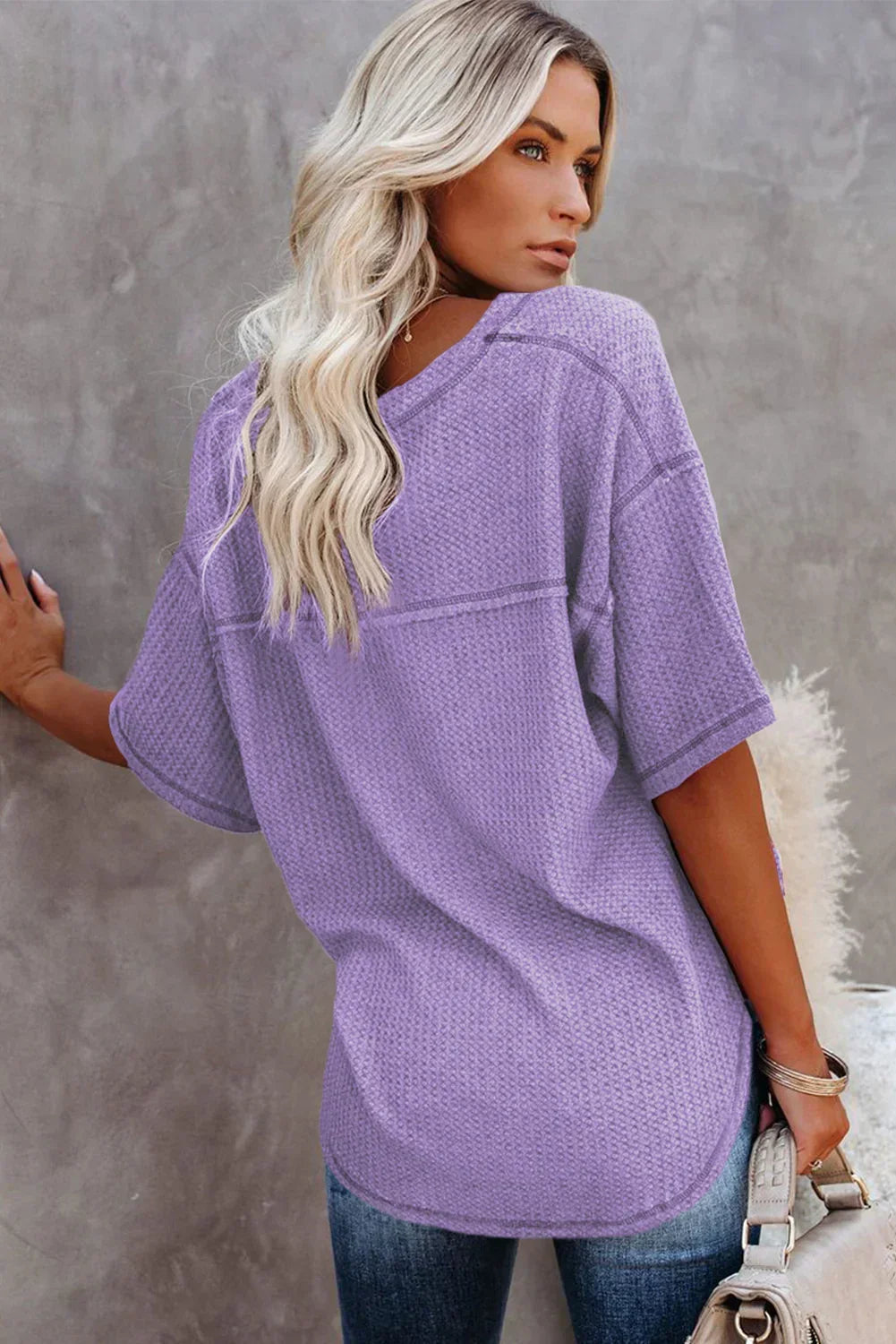 Blue Exposed Seam Drop Sleeve V Neck Waffle Textured Top