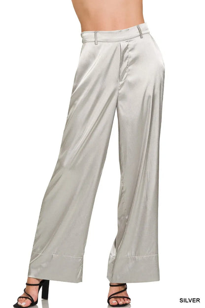 Zenana Wide-Leg Satin Pants in Silver