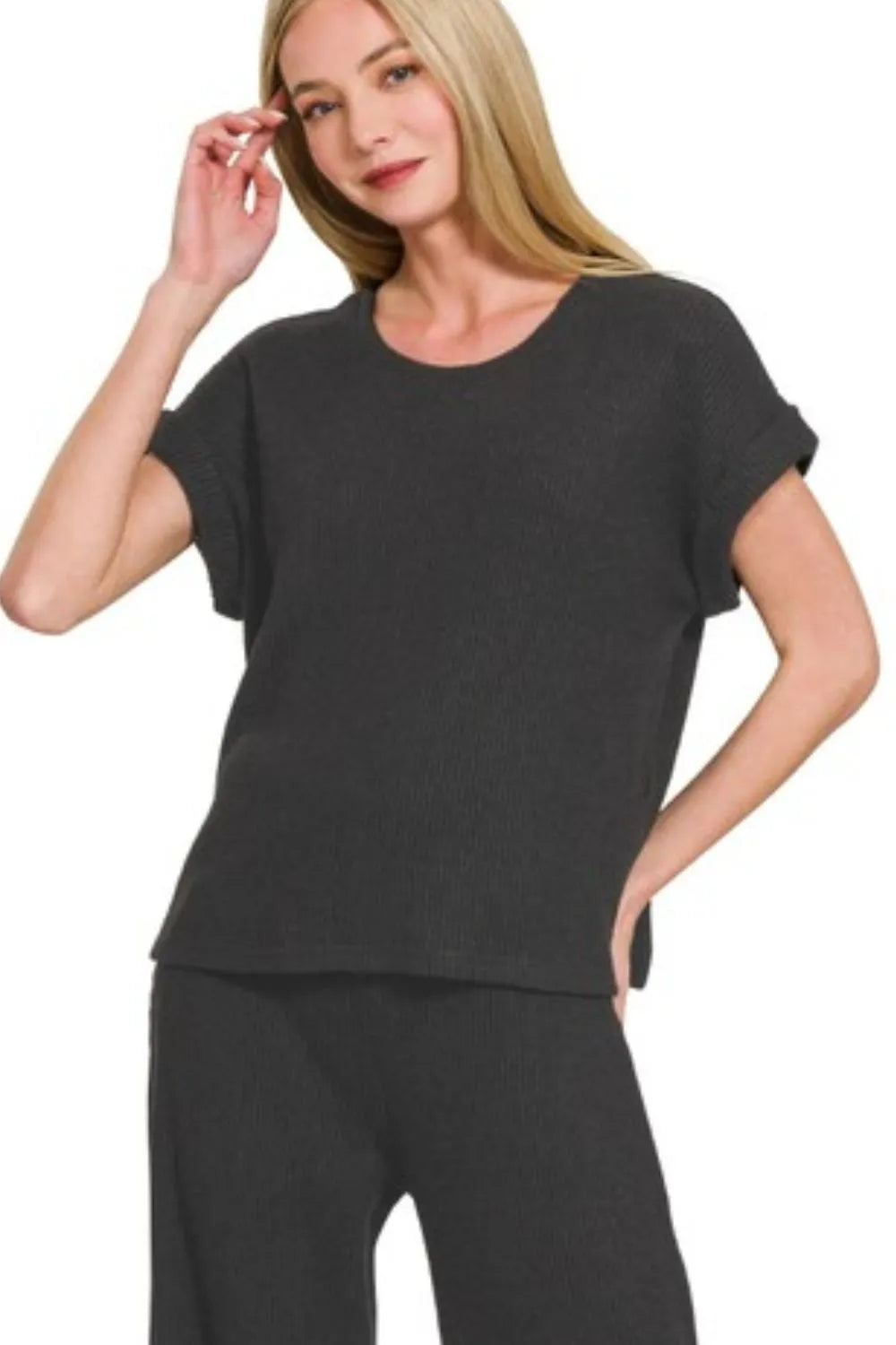 Zenana Rolled Sleeve Top and Pants Sweater Set in Black