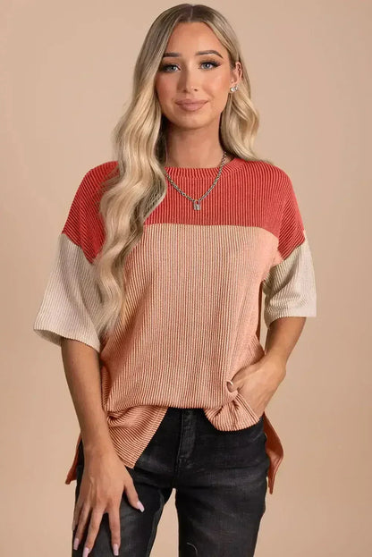 Black Color Block Ribbed Side Slits Half Sleeve Top