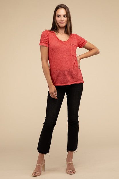 ZENANA Washed Melange Burnout Scoop V-Neck Top
