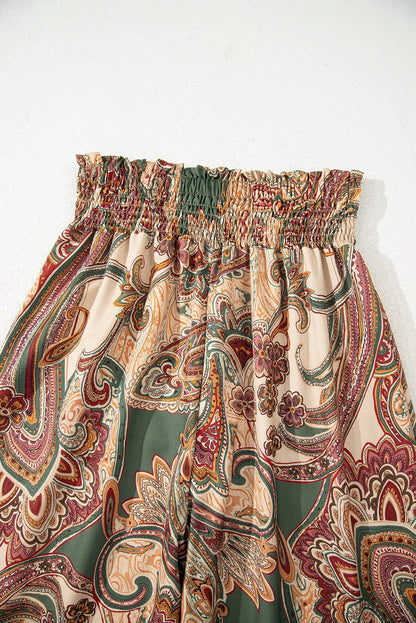 Khaki Paisley Print Boho Elastic Waist Wide Leg Pants