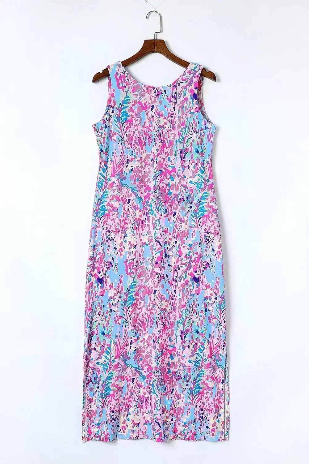 Purple Abstract Print Side Splits Round Neck Sleeveless Maxi Dress