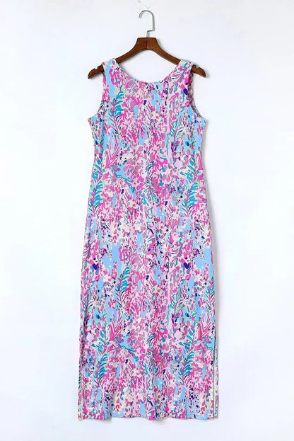 Purple Abstract Print Side Splits Round Neck Sleeveless Maxi Dress