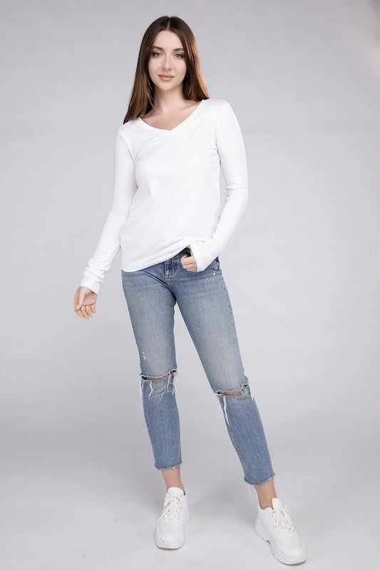 ZENANA Cotton V-Neck Long Sleeve T-Shirt