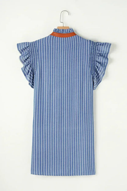 Sky Blue Stripe Frilly Split Neck Shirred Ruffle Sleeve Mini Shift Dress