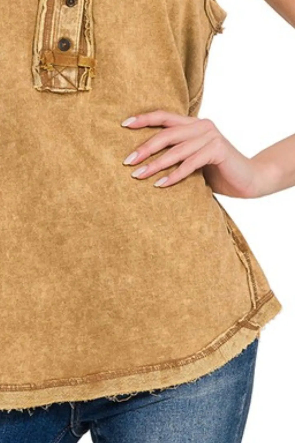 Zenana Washed Half-button Raw Edge Sleeveless Henley Top in Camel