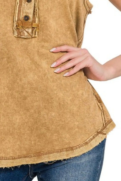 Zenana Washed Half-button Raw Edge Sleeveless Henley Top in Camel