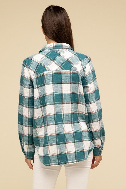 ZENANA Cotton Plaid Shacket With Front Pocket