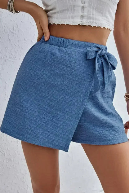 Sky Blue Solid Color Elastic Waist Knot Side Wrap Skort