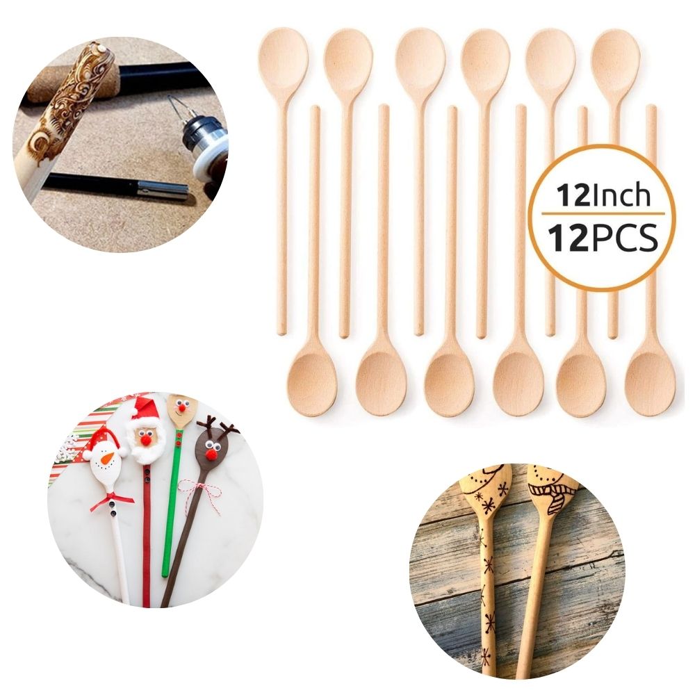 A set of 12 wooden spoons, 12 inches in length, displayed in various uses such as wood burning, cooking, and serving.
