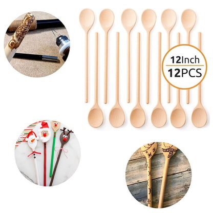 A set of 12 wooden spoons, 12 inches in length, displayed in various uses such as wood burning, cooking, and serving.